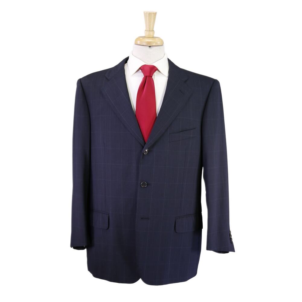 Ermenegildo Zegna Navy Blue Windowpane 3-Btn Wool Suit 44S
